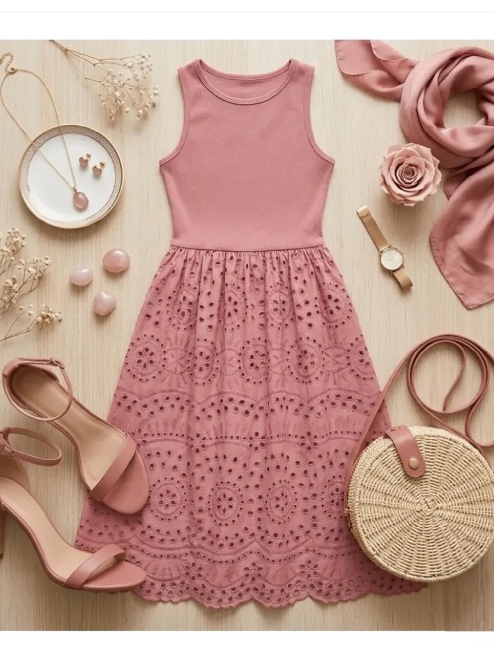 Sleeveless Rose-Mauve Midi Eyelet Dress Stitch Fix Market &Spruce women’s large